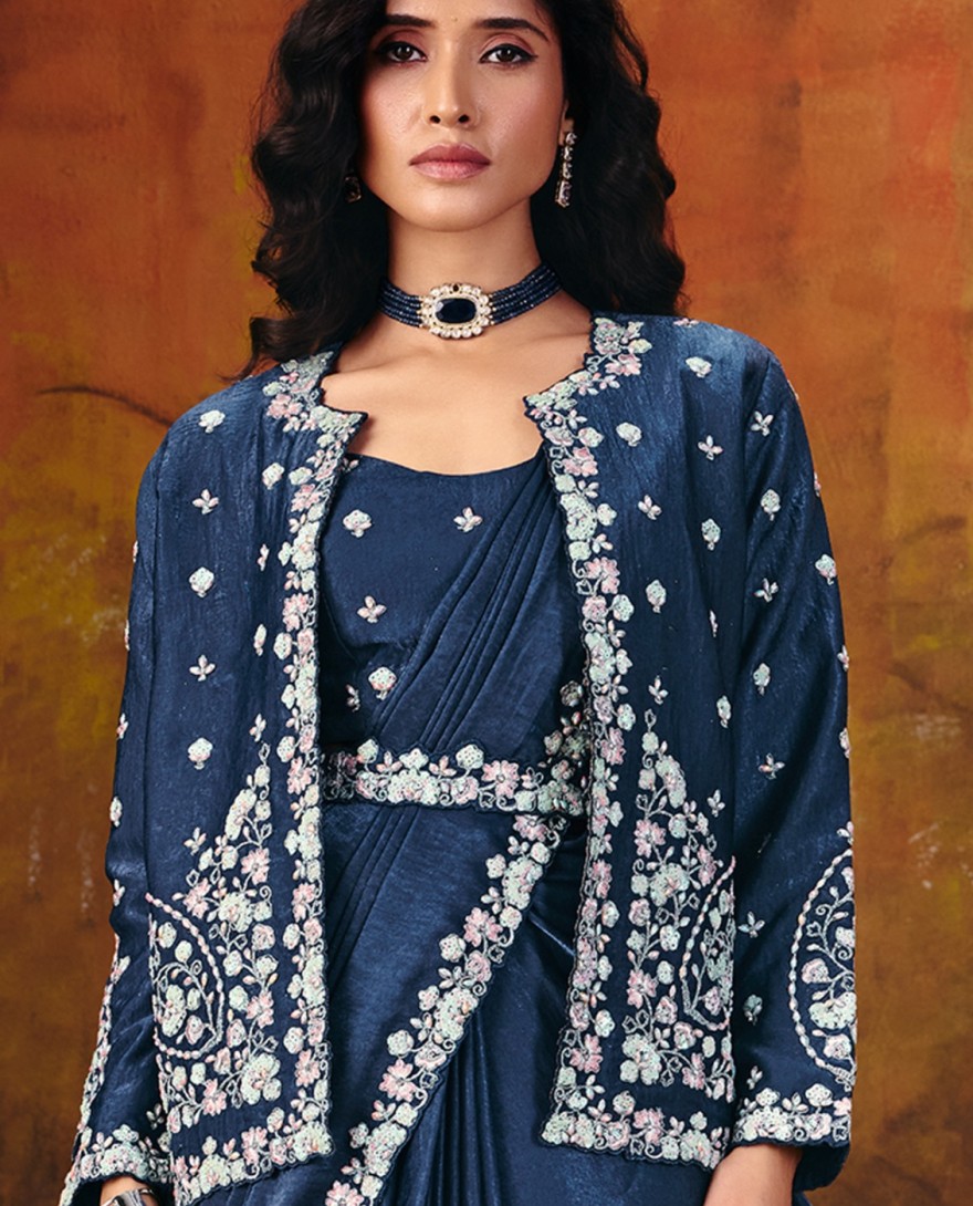 27106 - Dark Blue Embroidered Wedding Party Designer Saree